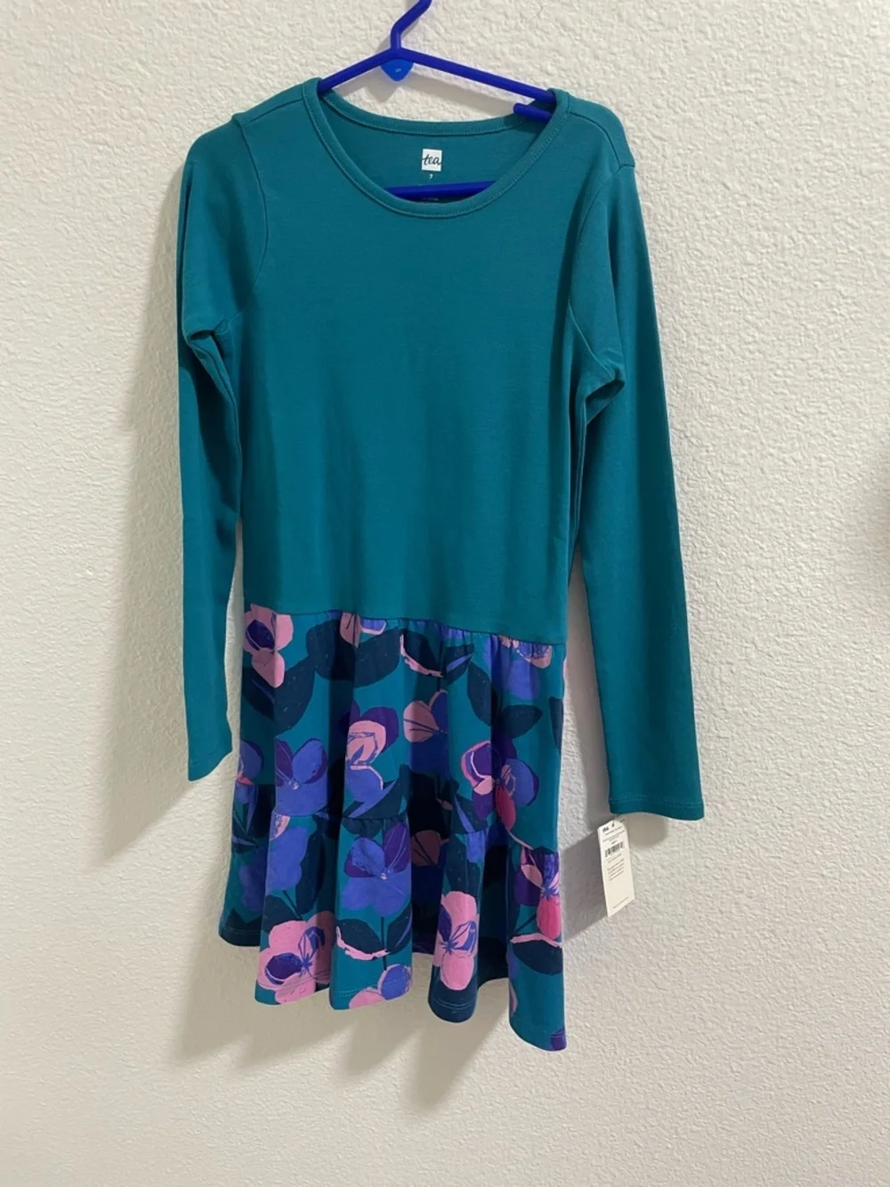 Teal Long Sleeve Dress with Purple & Pink Floral Skirt NWT
